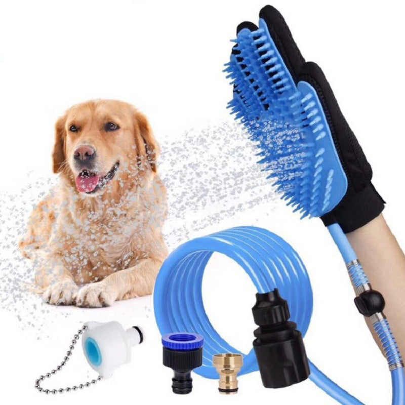 Pet bathing sprayer glove with water spray, hose, and faucet adapters used for washing a dog